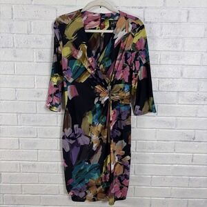 Joseph Ribkoff Faux Wrap Dress Womens 10 Black Abstract Floral Ruched 3/4 Sleeve